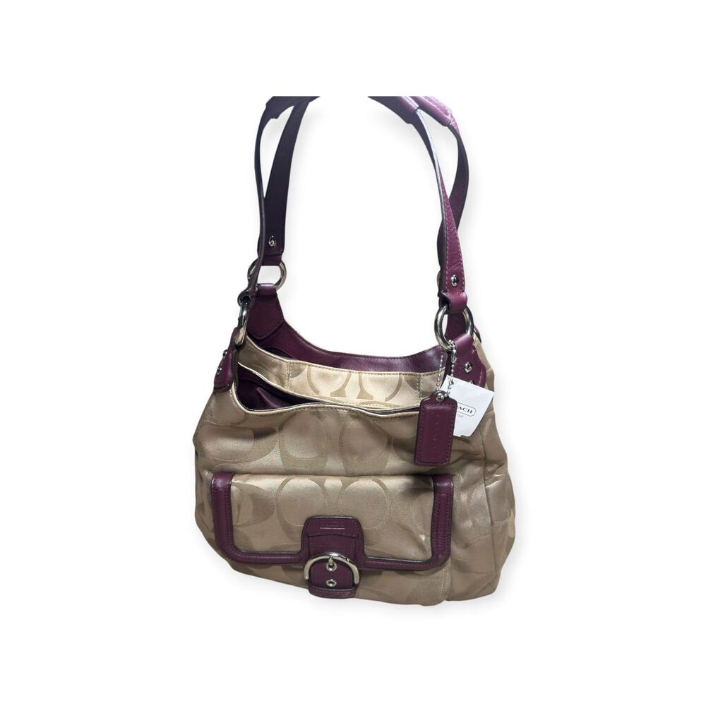 Coach F24742 Campbell Hobo Satchel Signature Logo Khaki Burgundy Shoulder Bag